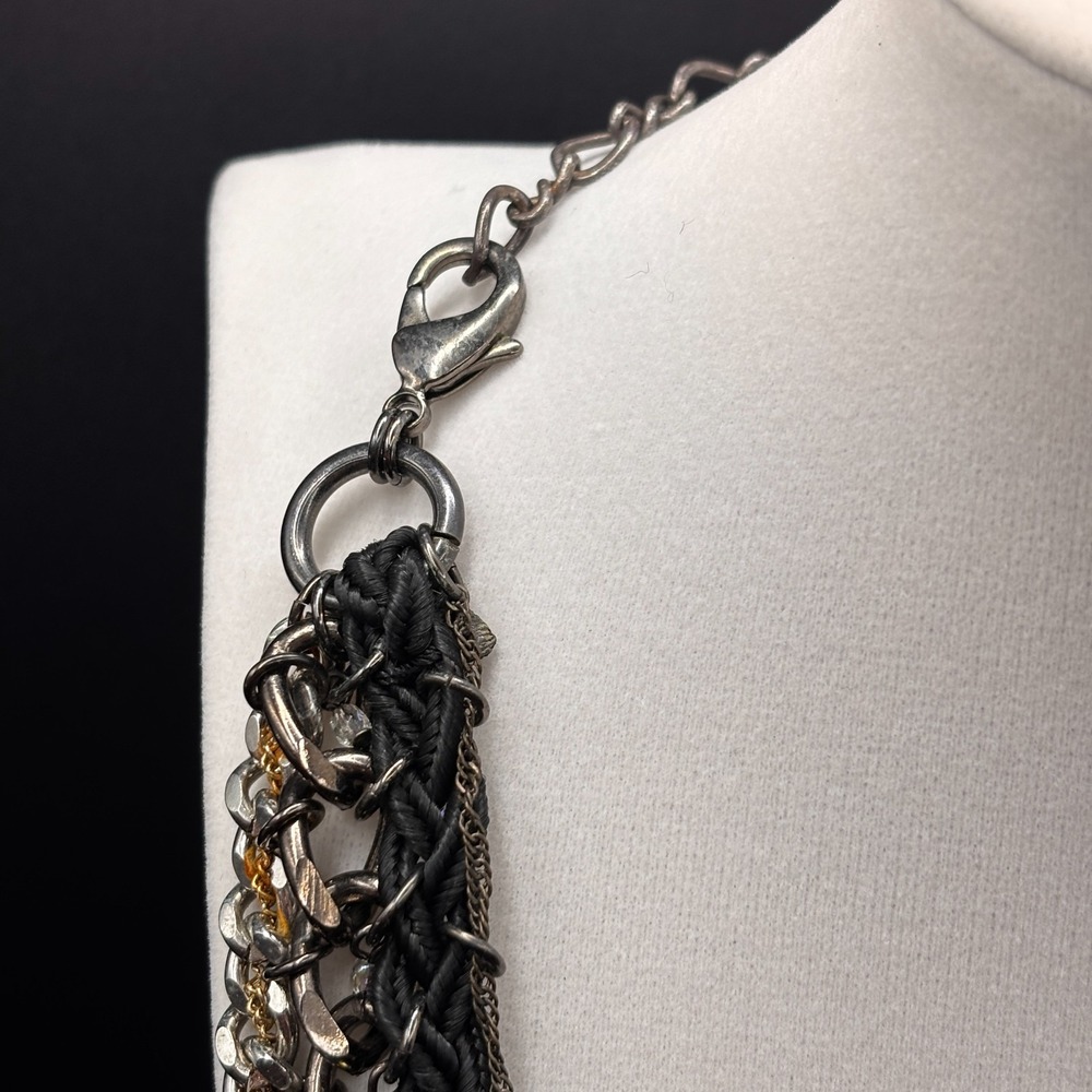 Vintage Y2K Black Cord Chain Dangle Beaded Statement Necklace Mixed Metal Boho - Picture 5 of 12